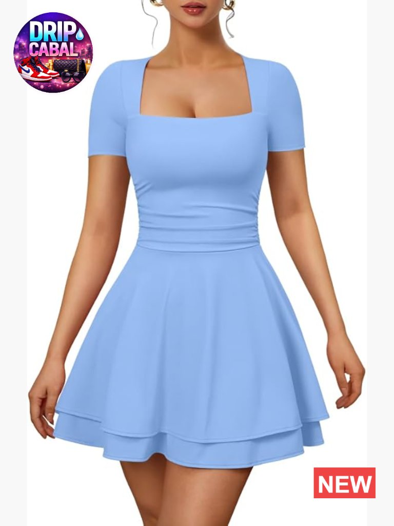 Sexy Square Neck Short Sleeve Ruched Tiered Ruffle Hem Flowy Club Party Mini
